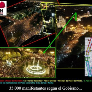 Croquis con 3 fotos aereas de los ''35 mil'' manifestantes de Madrid