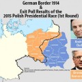 Mapa comparando los resultados de los sondeos a boca de urna de las presidenciales polacas y la frontera alemana de 1914