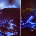 Río de lava azul en volcán de indonesia
