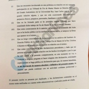 La declaración por escrito de una de las supuestas examinadoras de la presidenta de la Comunidad de Madrid