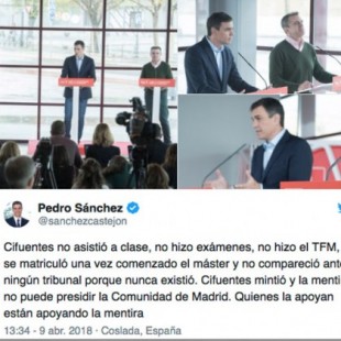 Lo que Pedro Sánchez decía del máster de Cifuentes: “Puede devolver el título pero no la dignidad a las instituciones”