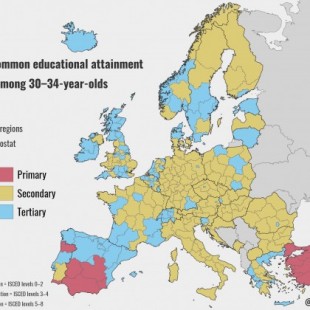 El nivel de educación más común de los europeos de entre 30-34 años por región