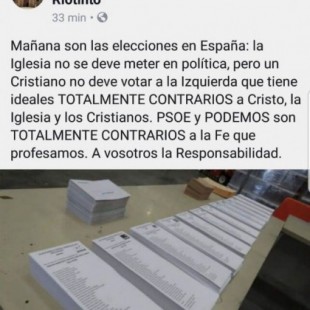 Una parroquia de un pueblo de Huelva pide que no se vote a PSOE ni Podemos