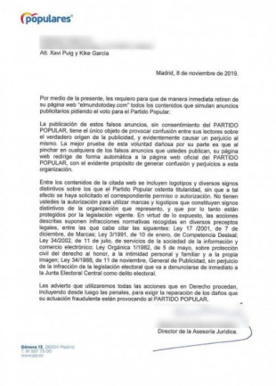 Carta del PP a El Mundo Today exigiendo retirada de contenidos