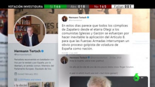 El eurodiputado de Vox Hermann Tertsch pidió por Twitter la intervención de las Fuerzas Armadas