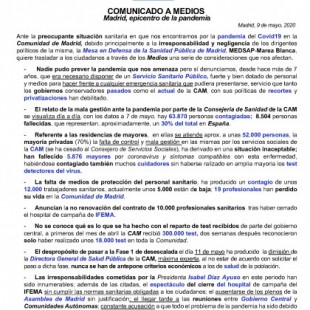 Comunicado del MEDSAP (Mesa en Defensa de la Sanidad Pública de Madrid) pidiendo la dimisión de Ayuso
