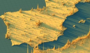 Mapa: densidad de población en la Península Ibérica en 3D