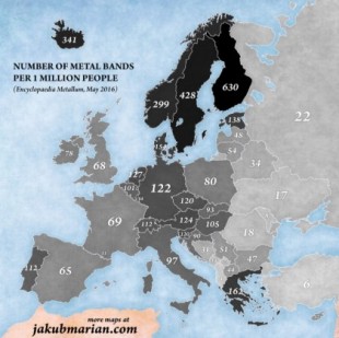 Mapa: bandas de heavy metal por millón de habitantes
