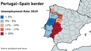 Frontera entre Portugal y España. Tasa de desempleo 2019