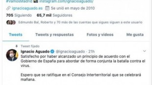 Aguado mantiene fijado un tuit celebrando el acuerdo con Sanidad tras votar la CAM en contra de la medida