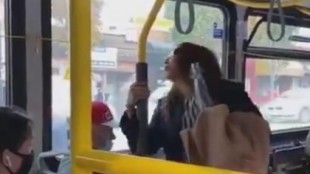 Una mujer escupe a un pasajero en el autobús y este reacciona lanzándola fuera de un empujón