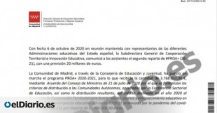 La carta con la que la Comunidad de Madrid rechaza dos millones del Ministerio para alumnos vulnerables