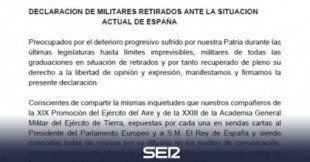 Más de 250 exmilitares firman un manifiesto para advertir de que la "unidad de España está en peligro"