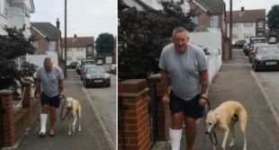Hombre en muletas gasta dinero en rayos X para su perro ‘cojo’ y descubre que él lo imitaba