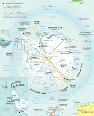 Mapa con las reclamaciones territoriales de la Antartida [EN]