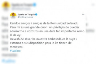 La embajada de España publica un tuit en ladino, varios tuiteros se mofan y otros explican que es un tesoro lingüístico