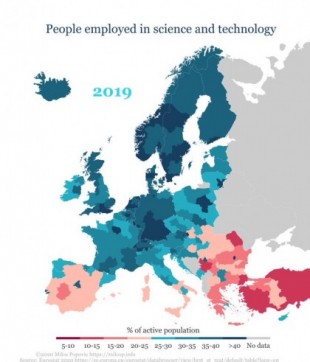 Porcentaje de gente que trabaja en ciencias y tecnología en Europa por provincias [Mapa]