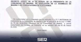 La Cadena SER accede al decreto de disolución de la Asamblea de Madrid y convocatoria electoral de Ayuso