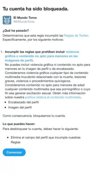 Twitter censura el perfil de la sección de toros de EL MUNDO al considerar que contiene "violencia gráfica"