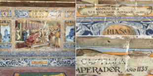 Un turista presume en Twitter de arañar los azulejos de la Plaza de España en Sevilla