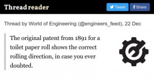 La patente original de 1891 para un rollo de papel higiénico muestra la dirección correcta de enrollado, en caso de que alguna vez haya dudado (inglés)