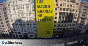 Greenpeace despliega una pancarta gigante en el centro de Madrid: "Las macrongranjas no existen. Esta pancarta gigante tampoco"