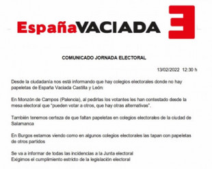 España Vaciada denuncia que no hay papeletas en colegios electorales de Palencia, Salamanca y Burgos