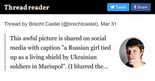 Esta horrible imagen se comparte en las redes sociales con el título "una niña rusa atada como un escudo viviente por soldados ucranianos en Mariupol". ¿Qué sucedió? Investiguemos. (Inglés)