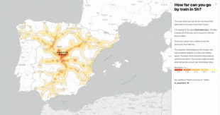 Un mapa interactivo isócrono sobre lugares a los que se puede llegar en tren en 5 horas desde cualquier estación de Europa