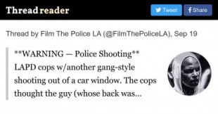 Policías de Los Angeles tirotean de nuevo al estilo pandillero desde la ventana de un coche patrulla