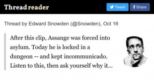 Snowden: Después de este vídeo, Assange se vio obligado a solicitar asilo. Hoy en día está encerrado en un calabozo  y mantenido incomunicado (EN)