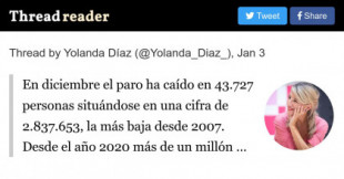 Yolanda Díaz: “ En diciembre el paro ha caído en 43.727 personas situándose en una cifra de 2.837.653, la más baja desde 2007