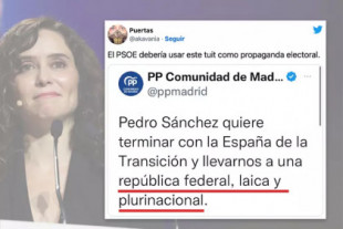 Ayuso dice que Sánchez quiere una "república federal, laica y plurinacional"