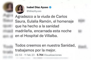 Las palabras de Ayuso a la viuda de Carlos Saura tras defender la sanidad pública enfurecen las redes sociales: "Goya al mejor cortometraje de ficción"