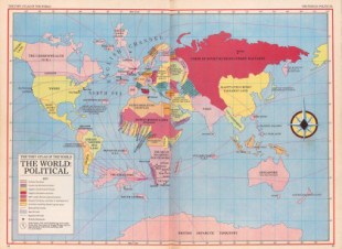 El mundo según el partido conservador británico (1985) [Mapa en ING, texto en castellano]