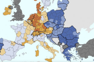 Este mapa muestra las horas de trabajo a la semana de los países de Europa. La península ibérica no sale bien parada