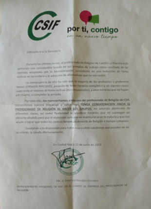 CSIF pide en Castilla-La Mancha forzar que haya catequistas en todos los centros a jornada completa