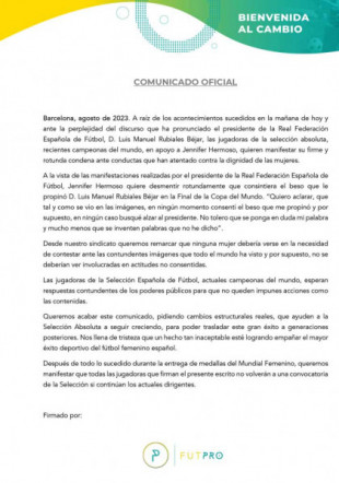 «Todas las jugadoras que firman el presente escrito no volverán a una convocatoria de la Selección si continúan los actuales dirigentes»