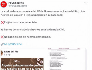 El PSOE de Segovia denuncia a una concejala del PP en Gomezserracín por pedir "un tiro en la nuca" a Sánchez en Facebook