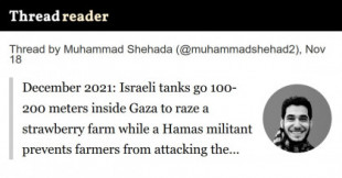 Dec 2021: Los tanques israelíes recorren entre 100 y 200 metros dentro de Gaza para arrasar una granja de fresas mientras un militante de Hamás impide que los agricultores ataquen a los israelitas