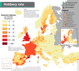 Tasa de robos por cada 100.000 en Europa