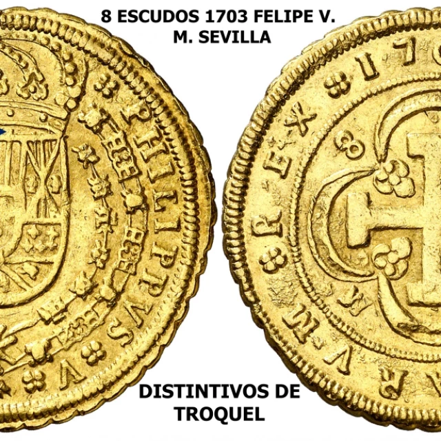 8 escudos 1705 Felipe V. Sevilla. EL troquel de anverso se utilizó en 1703