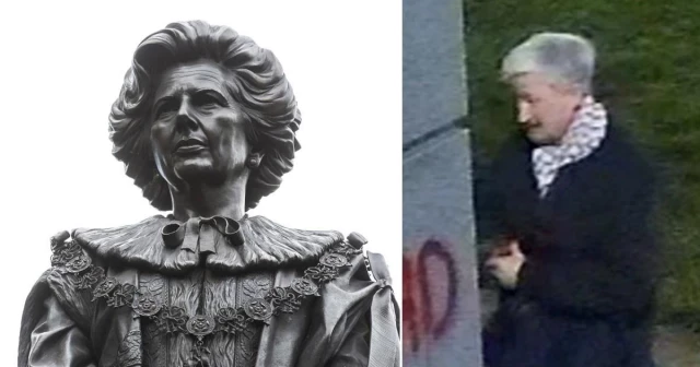 Pillan en cámara a una jubilada pintando un graffiti en la estatua de Margaret Thatcher [ENG]