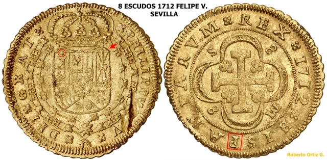 8 escudos 1712 Felipe V. Sevilla. Reverso a 90º y 180º