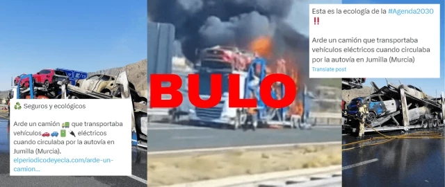 Incendio de un camión de transporte de coches en Jumilla (Murcia): el fuego se inició en el remolque y los vehículos no eran eléctricos