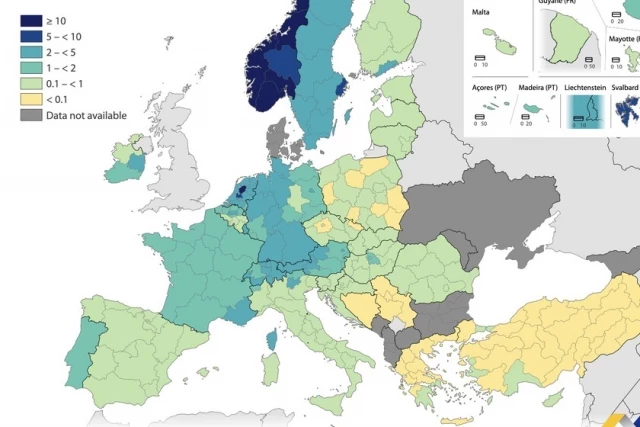 España va bastante por detrás de Europa occidental en la implantación del coche eléctrico. Y este mapa lo ilustra