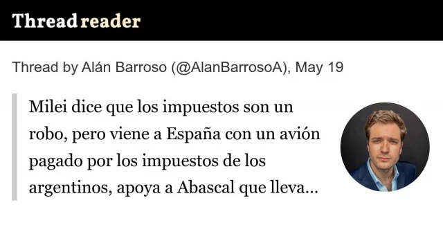 Milei dice que los impuestos son un robo, pero viene a España con un avión pagado por los impuestos de los argentinos, apoya a Abascal que lleva toda la vida viviendo de chiringuitos...