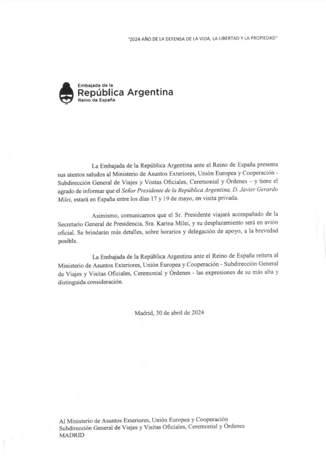 Así es la carta que Argentina envió al Gobierno español para informar de la “visita privada” de Milei a Madrid