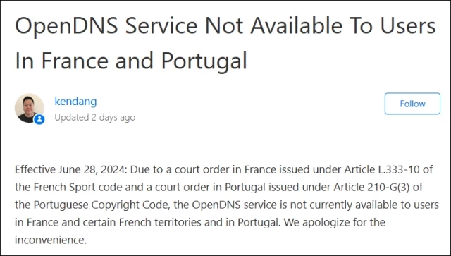 OpenDNS suspende su servicio en Francia debido a la orden de bloqueo de la piratería de Canal+ (ENG)