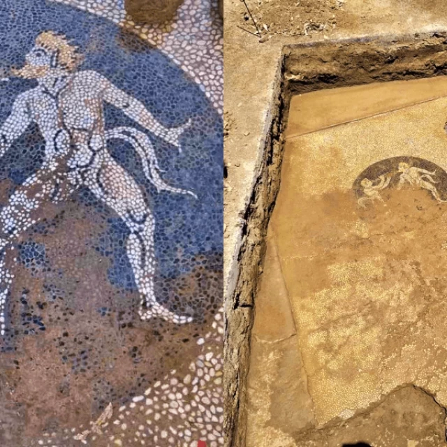 Descubren un suelo de mosaico de guijarros que representa a sátiros en Eretria, Grecia